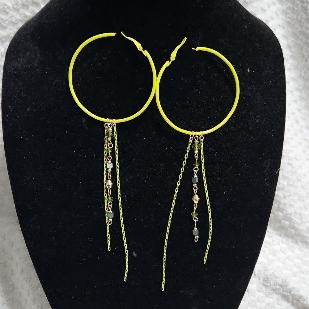 Repurposed neon yellow hoop earrings  w drop dangle gold and green link chain